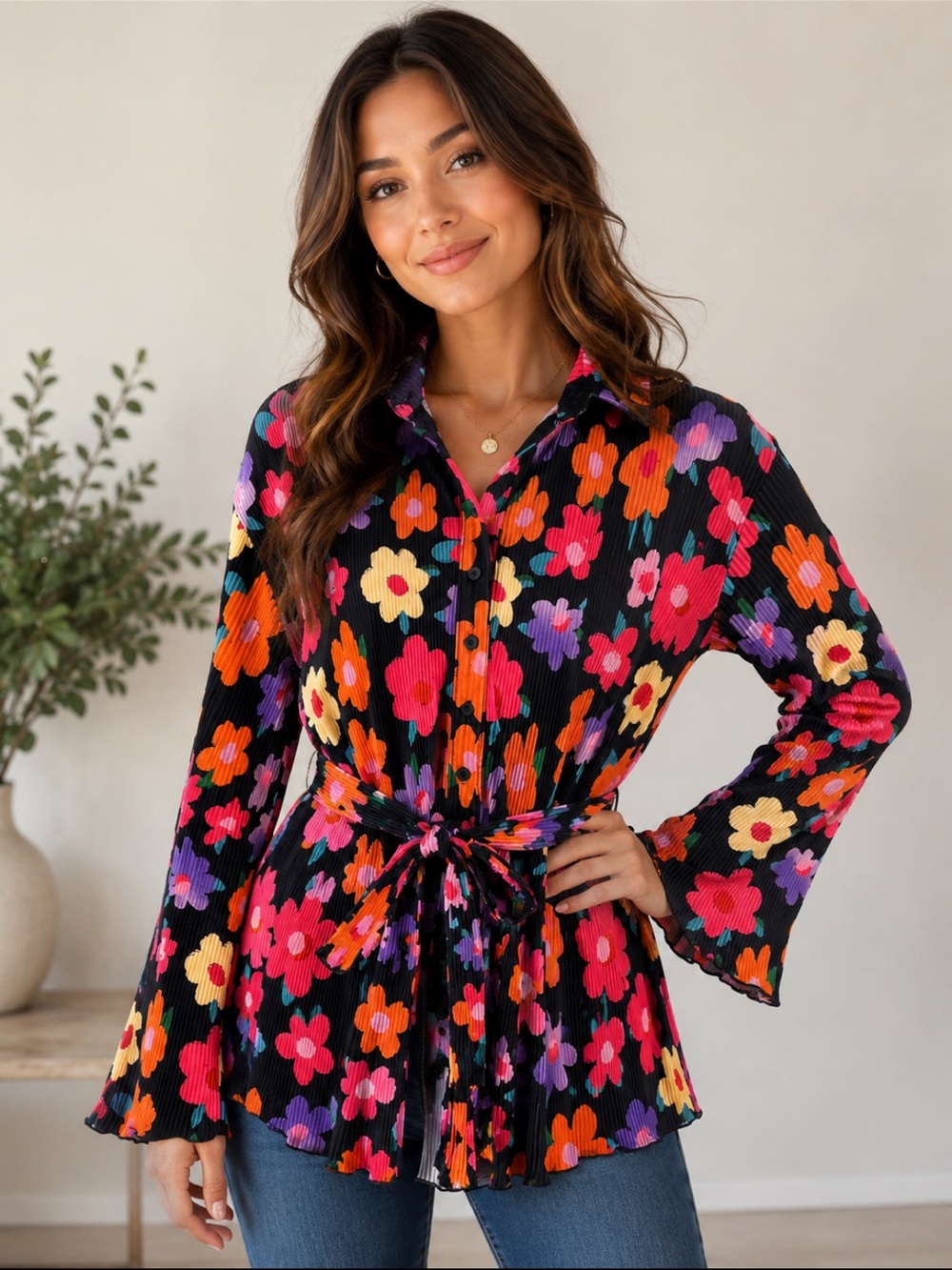 Tunic Top Shirt Size Small with Multi-Color Flowers Hippie Gypsy 70’s 80’s style